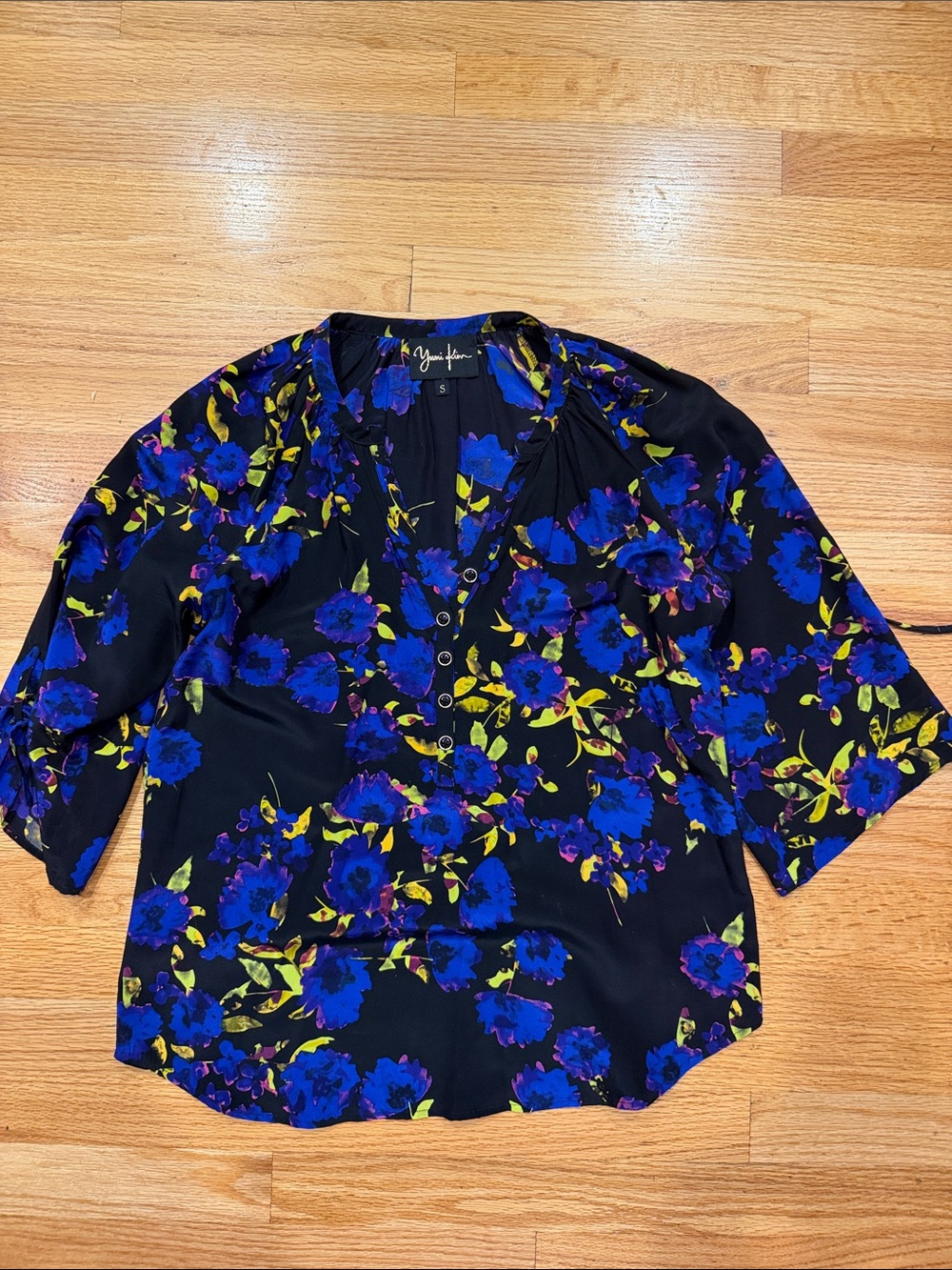 Yumi Kim Black Floral V-Neck Blouse with Blue and Yellow Flowers